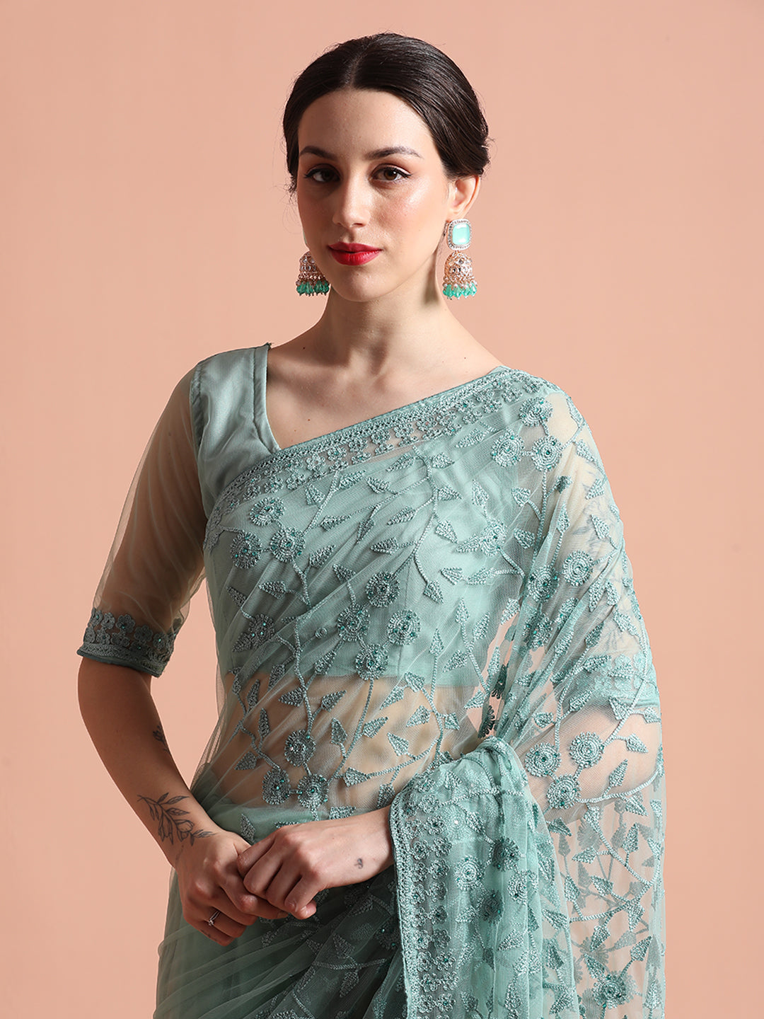 Party Wear Teal Floral Embroidered Net Saree