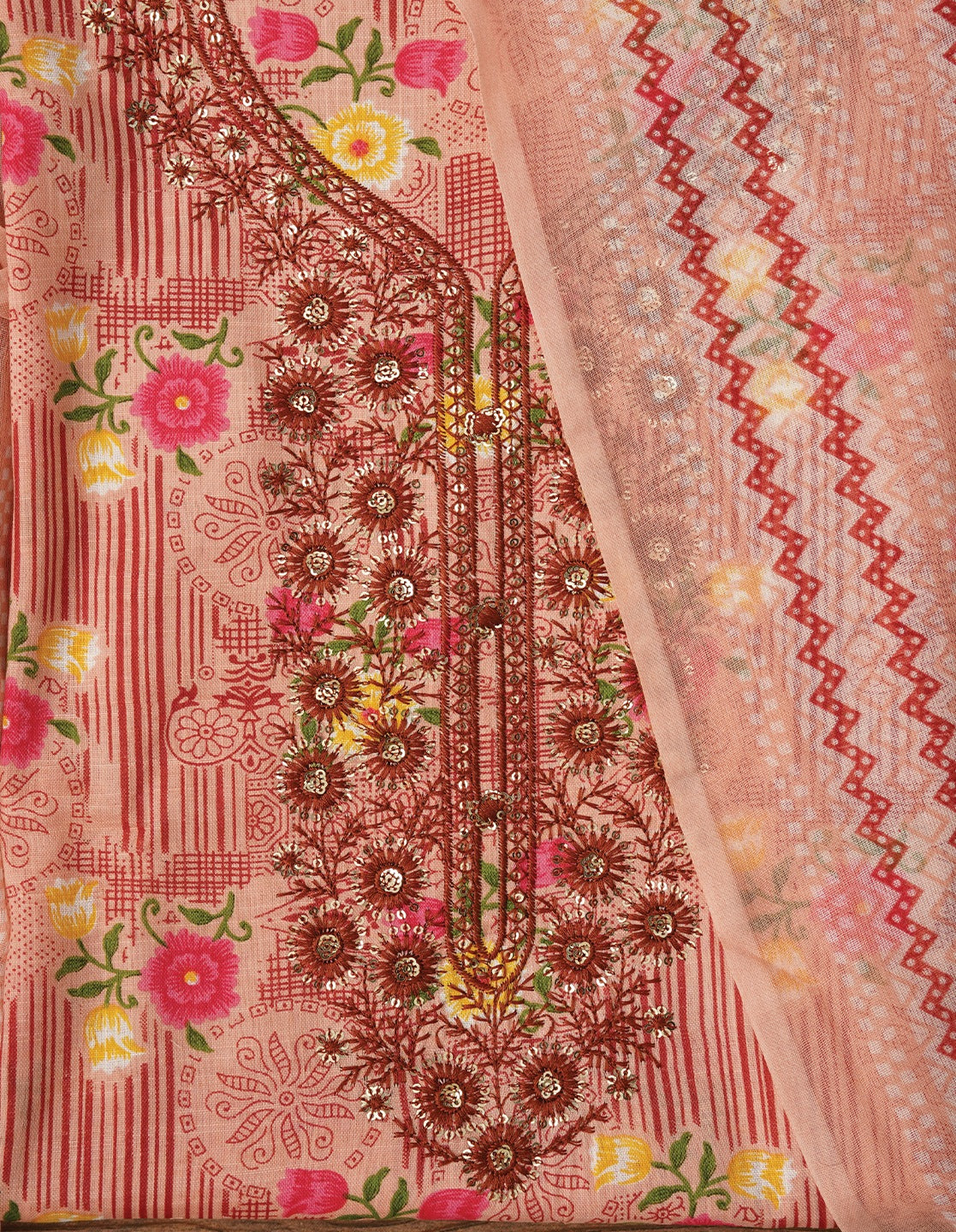 Pink Unstitched Embroidered Cotton Dress Material With Dupatta