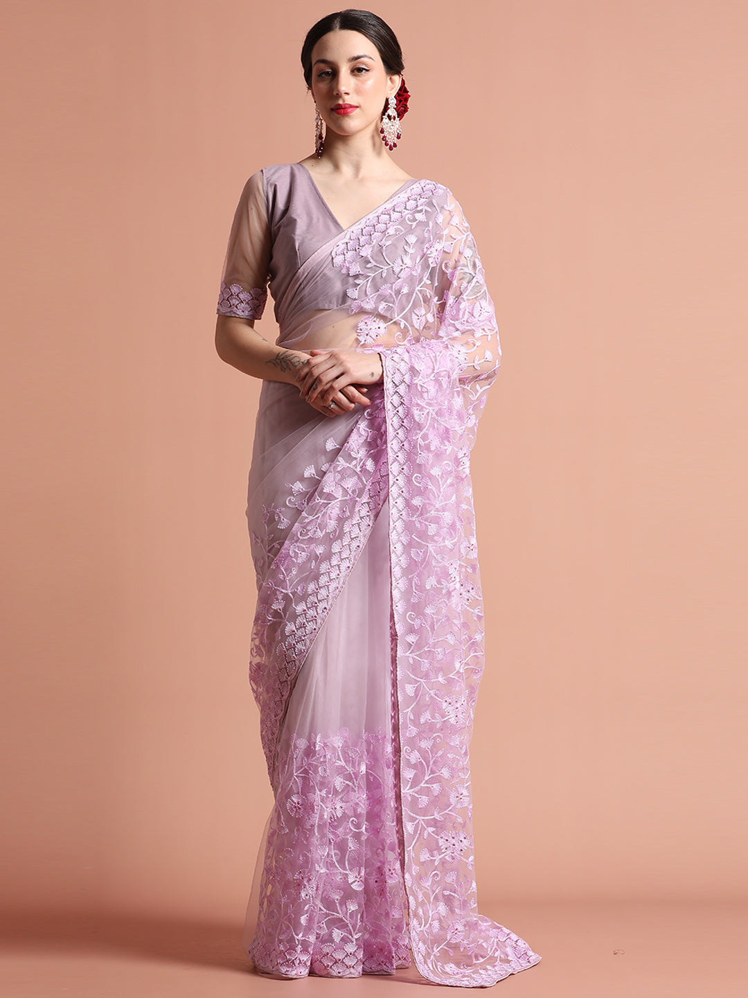 Lavender Party Wear Floral Embroidered Net Saree