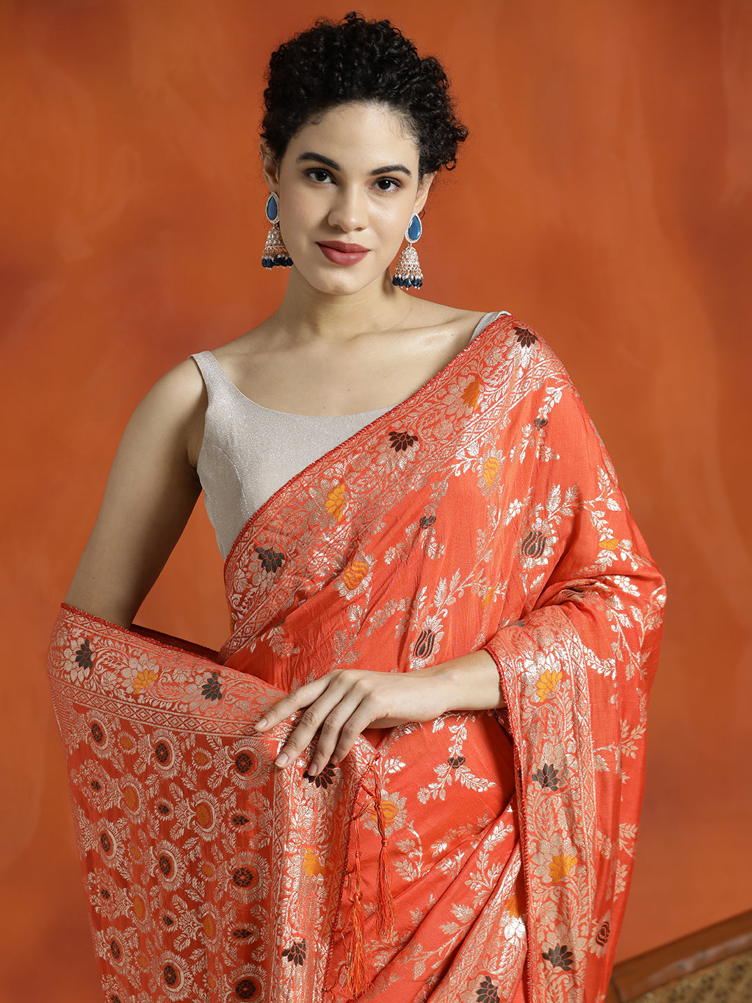 Orange Heavy Banarasi Zari Woven Silk Blend Saree