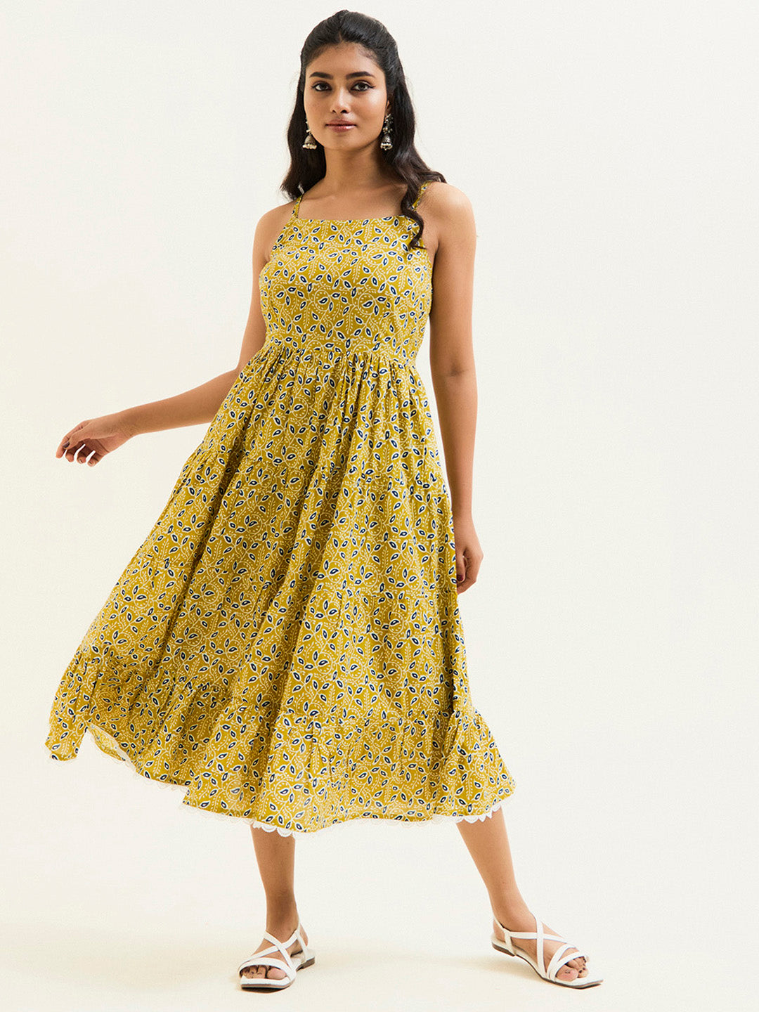 Mustard Ethnic Printed Strappy Dress