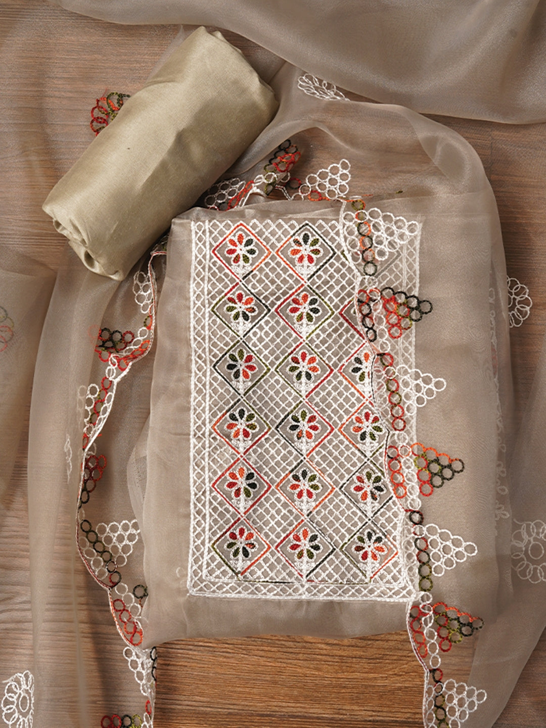 Grey Zari Embroidered Organza Dress Material with Dupatta