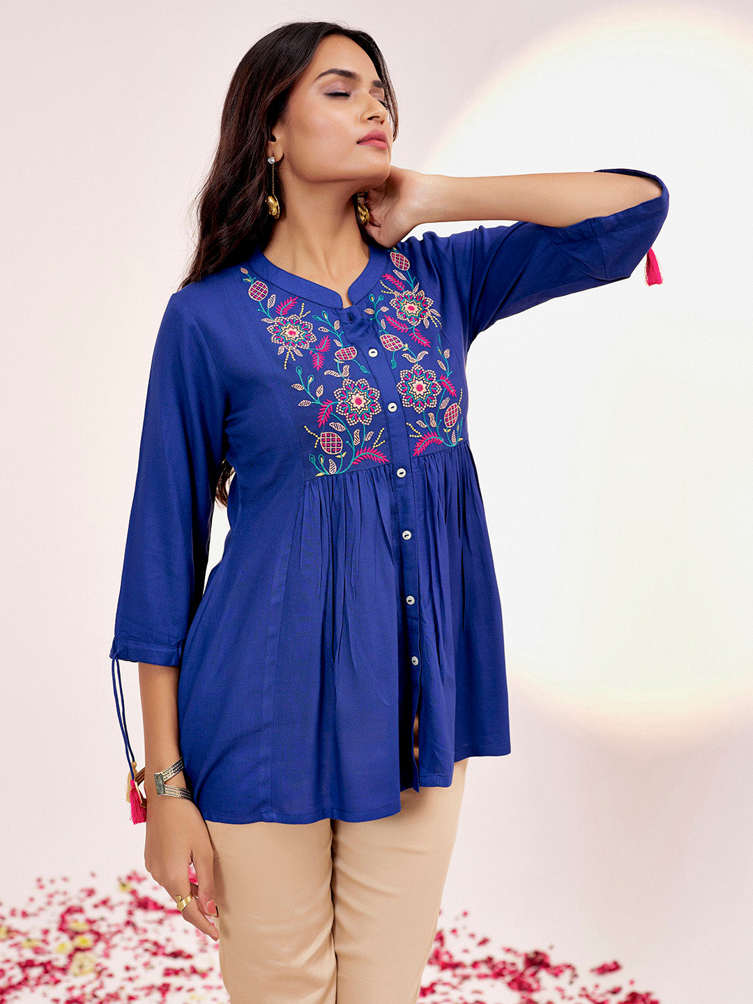 Blue Threadwork Embroidered Gathered Top