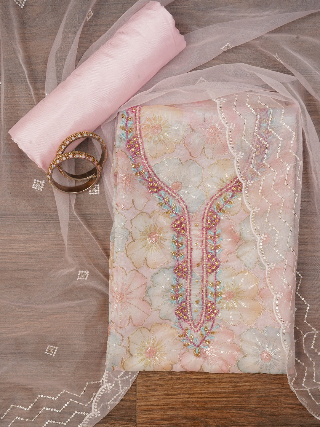 Floral Sequin Pink Embroidered Organza Dress Material with Dupatta