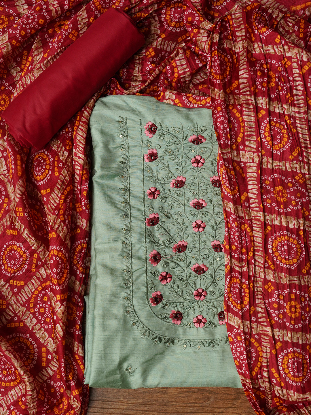 Unstitched Printed Green Pure Cotton Dress Material With Dupatta