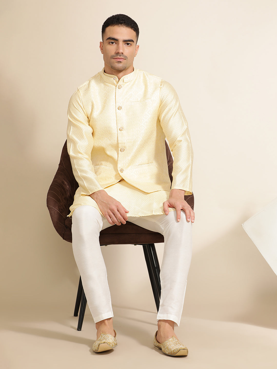 Beige Silk Blend Kurta With Woven Design Nehru Jacket Set