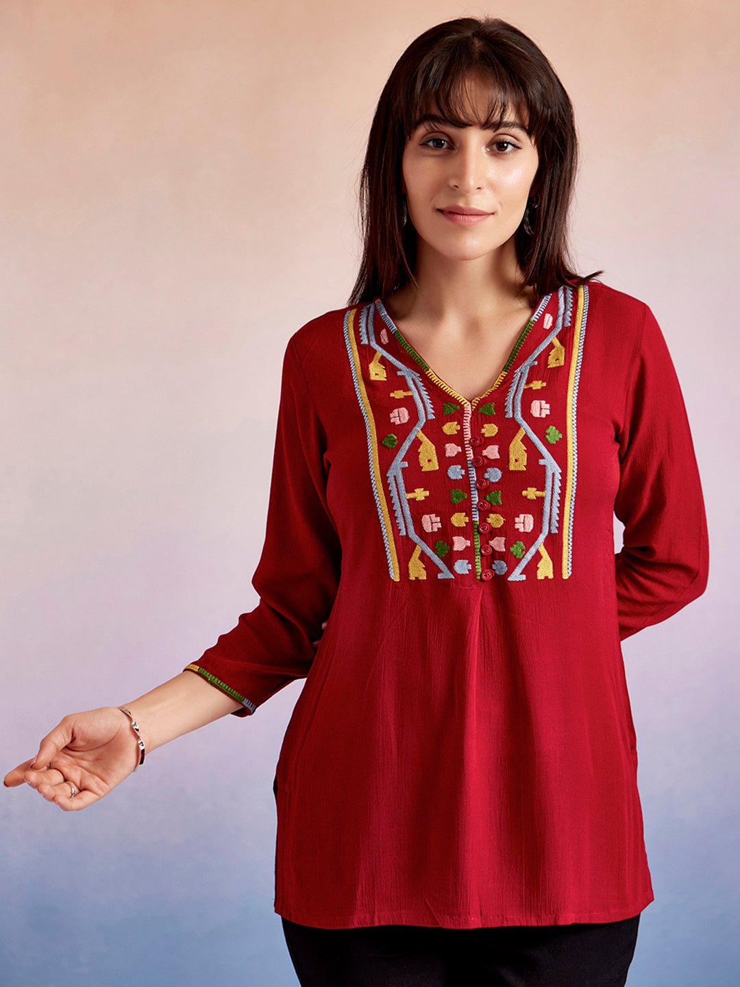 Solid Red Embroidered Casual Top
