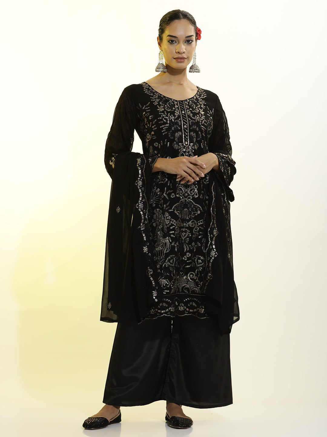 Sequins Embroidered Georgette Festive Kurta Set With Dupatta