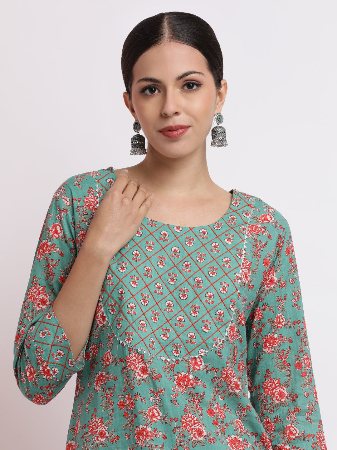 Turquoise Blue Floral Printed Pure Cotton Kurta Set