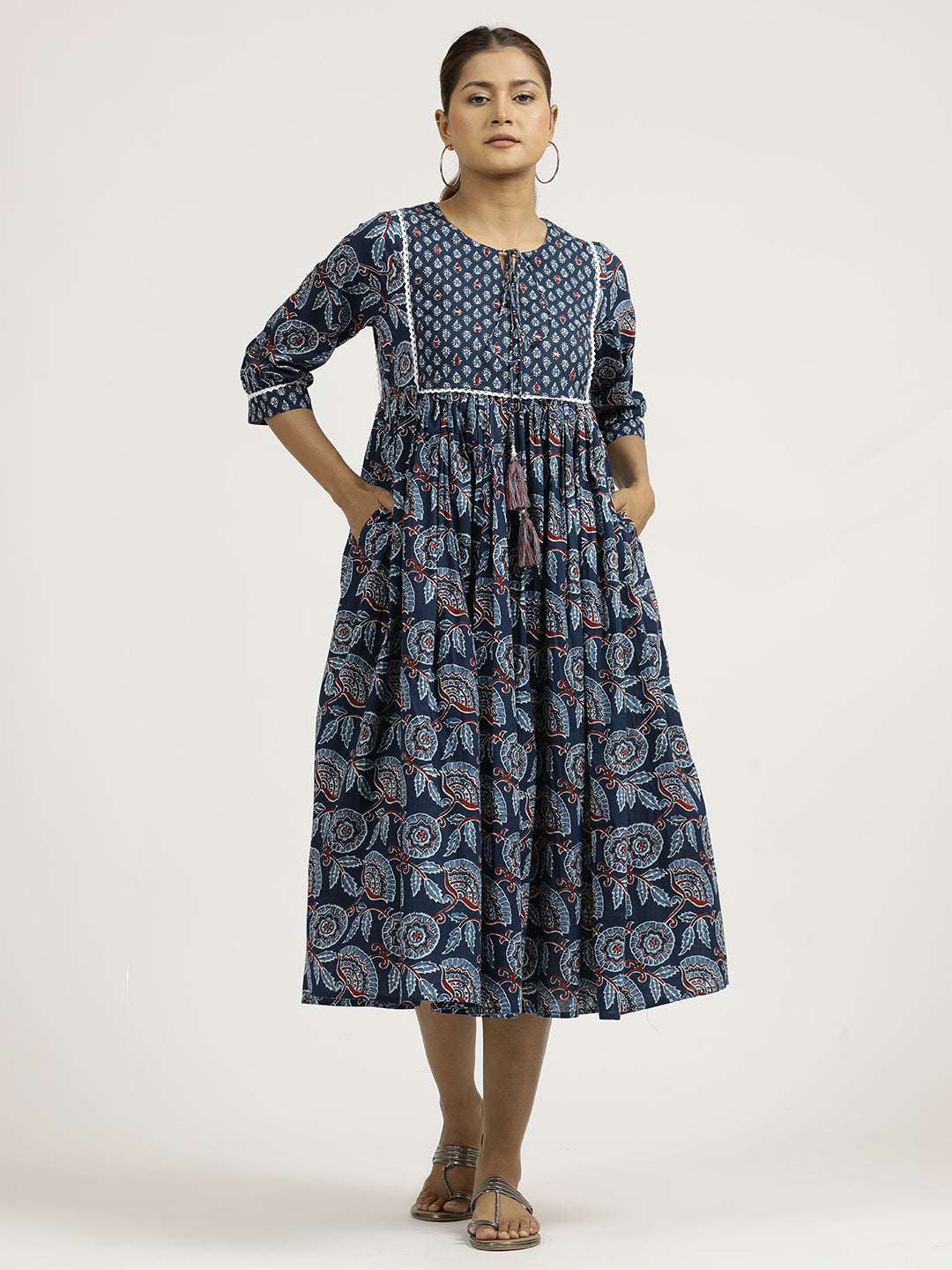 Indigo Blue Ethnic Mirror Work Gathered Dress