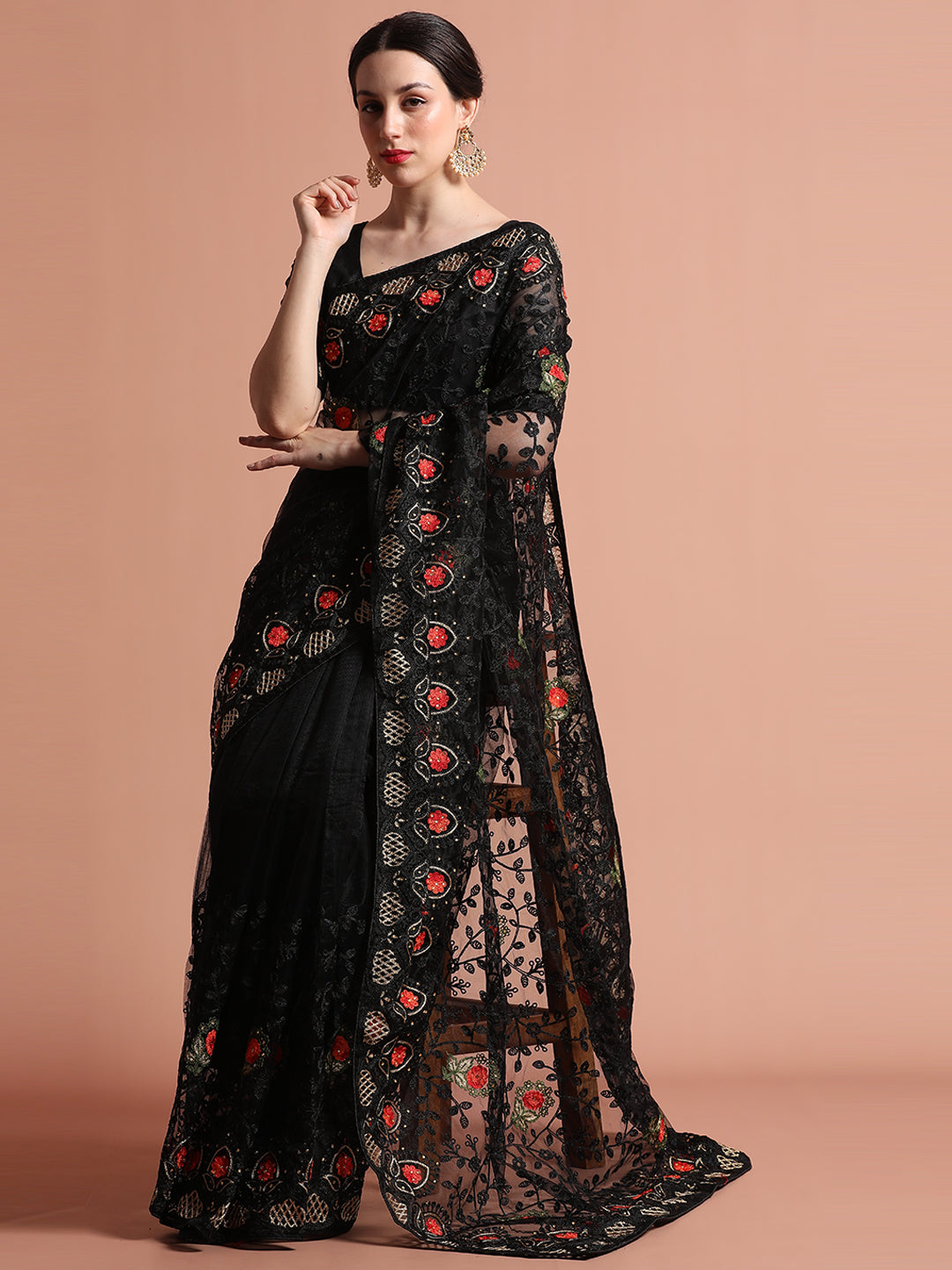 Heavy Floral Embroidered Net Party Wear Black Saree