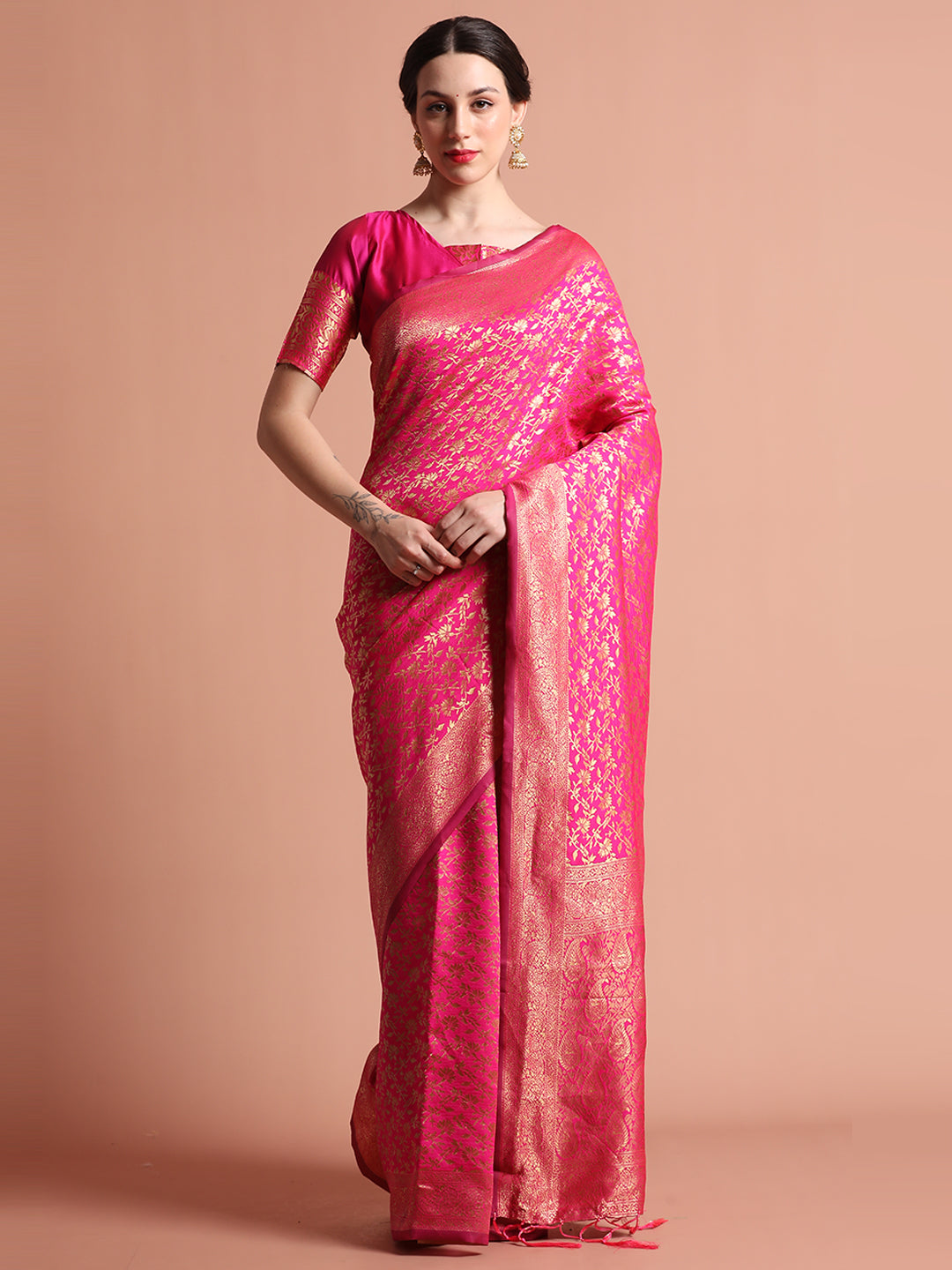 Pink Heavy Banarasi Zari Woven Silk Blend Saree