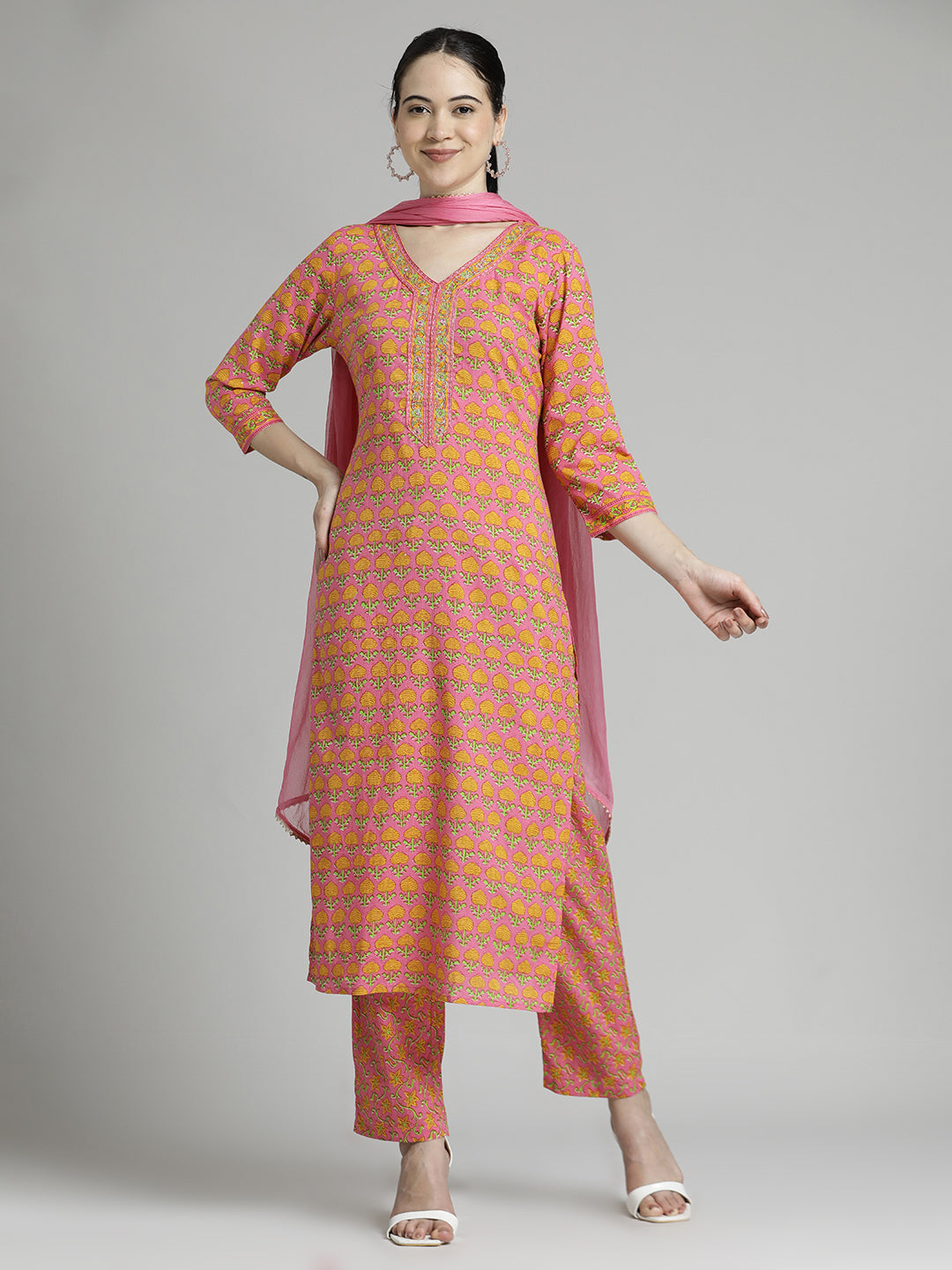 Ethnic Printed Pure Cotton Orange Suit Set