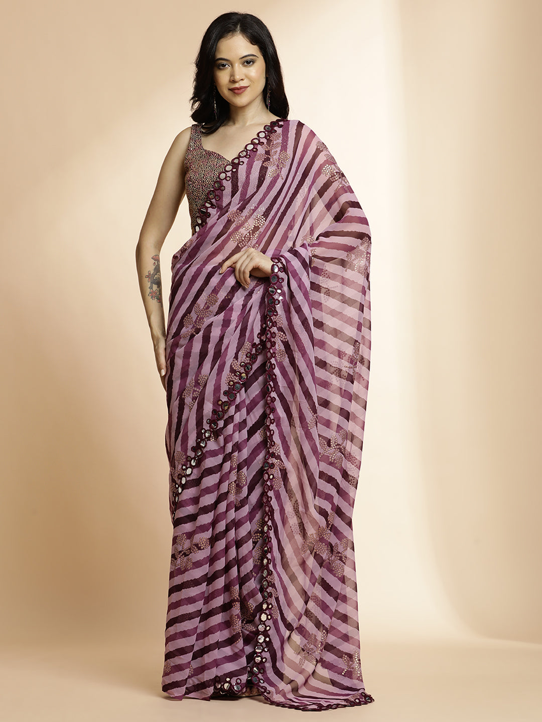 Wine Pure Georgette Leheriya Mirror Work Saree