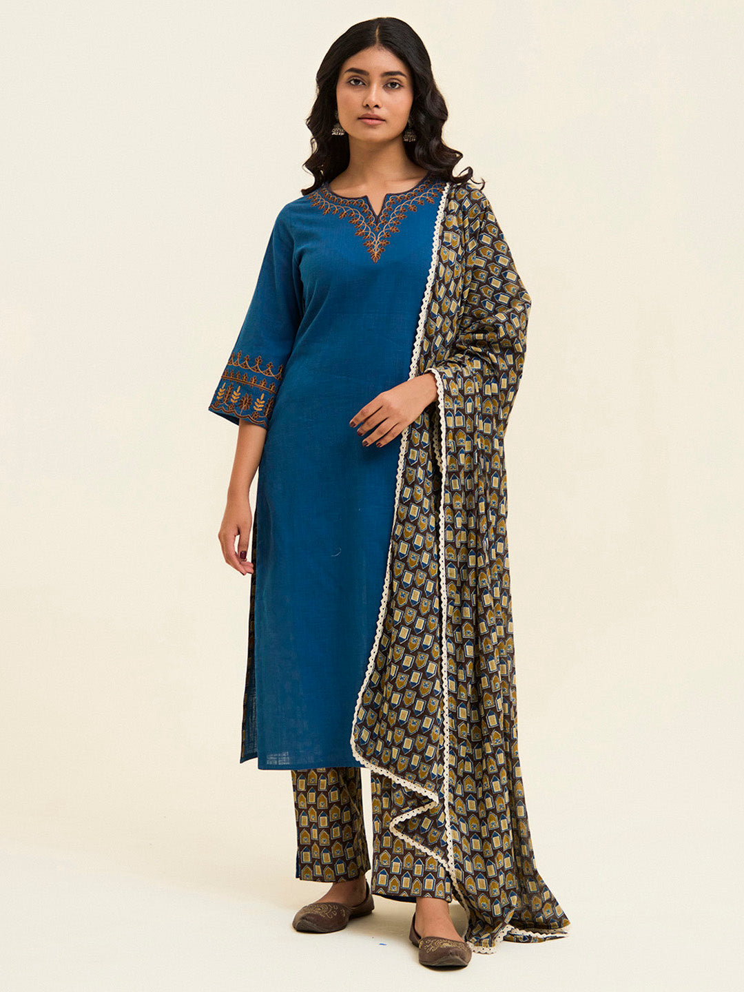 Teal Embroidered Cotton Kurta Set With Dupatta