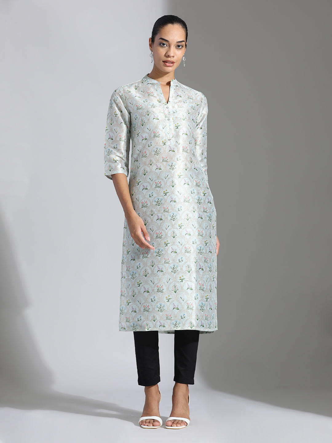 Light Green Floral Printed Poly Chanderi Kurta