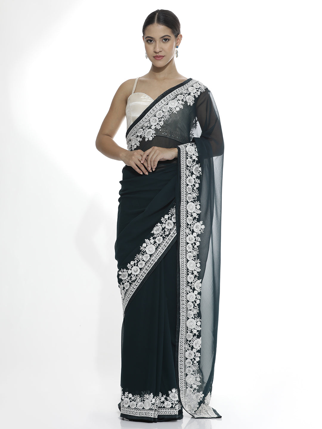 Pure Georgette Embroidered Teal Saree