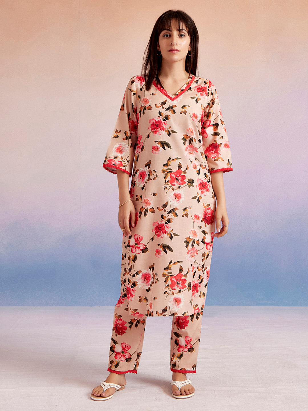 Peach Floral Printed Straight Kurta With Pants