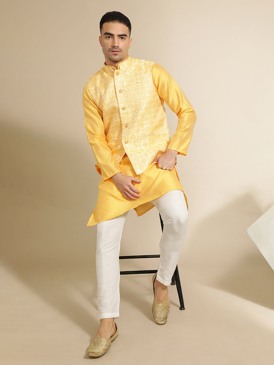 Yellow Silk Blend Kurta With Woven Design Nehru Jacket Set