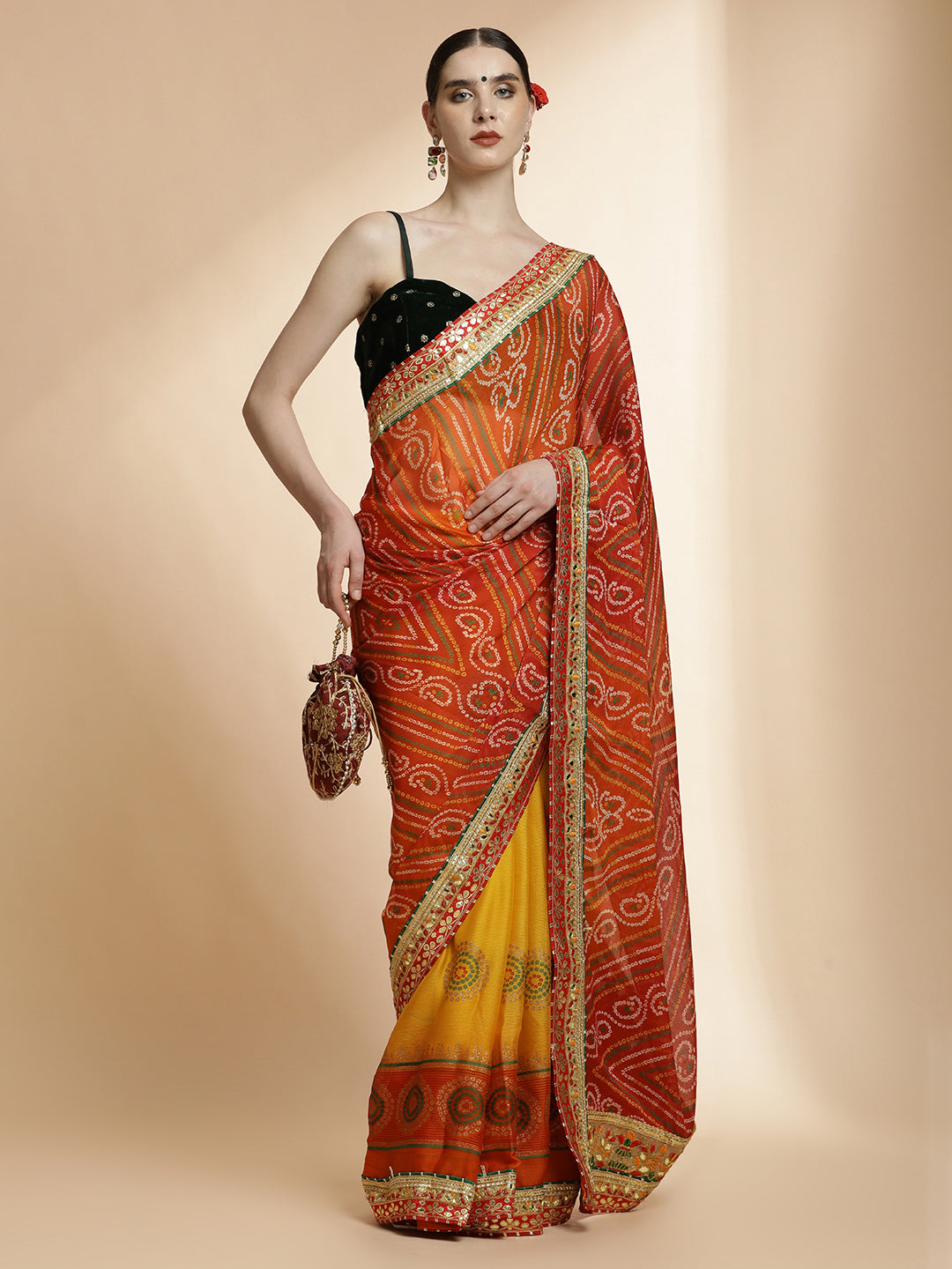 Yellow Traditional Embroidered Bandhani Pure Georgette Saree