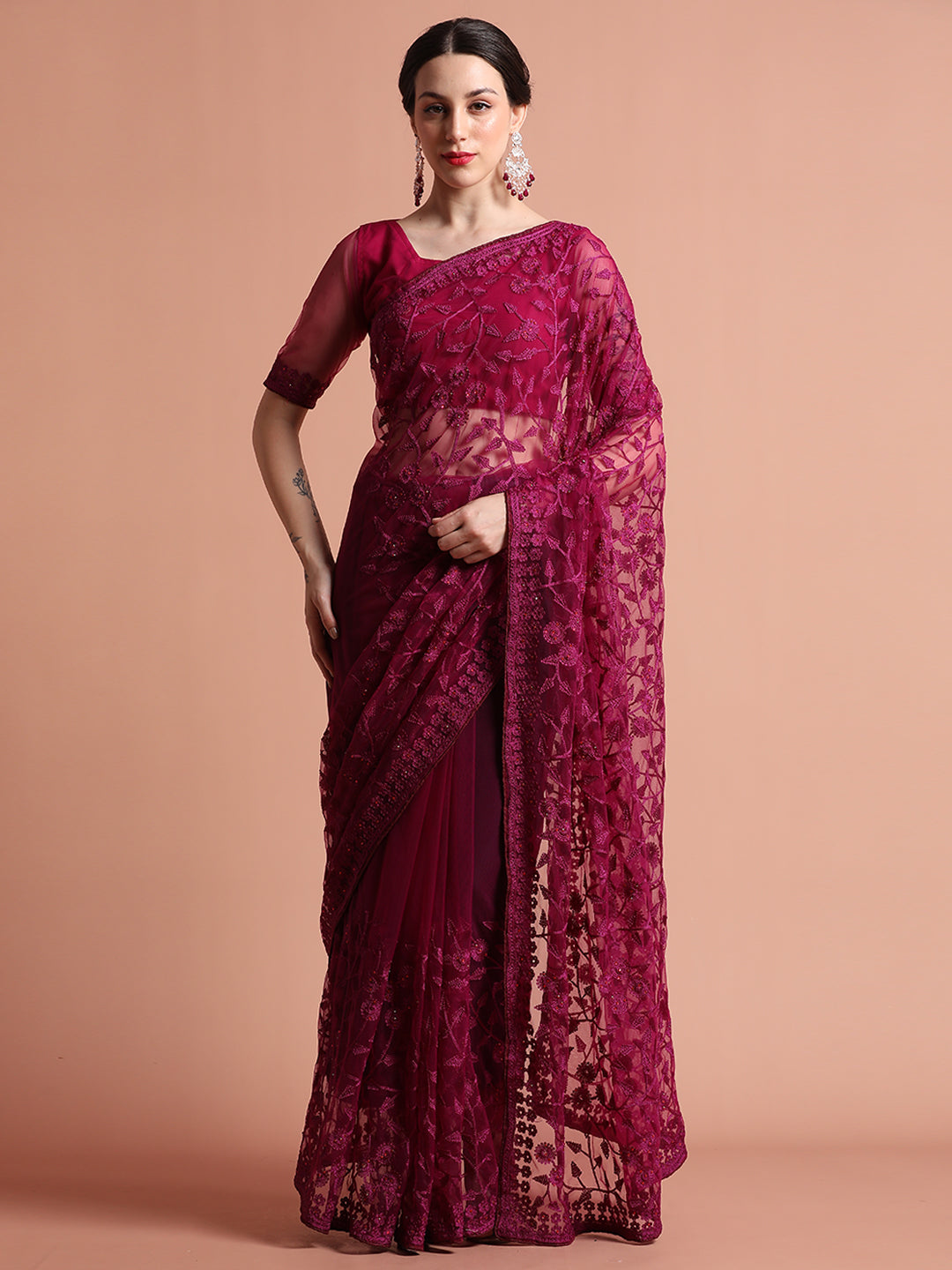 Purple Party Wear Floral Embroidered Net Saree