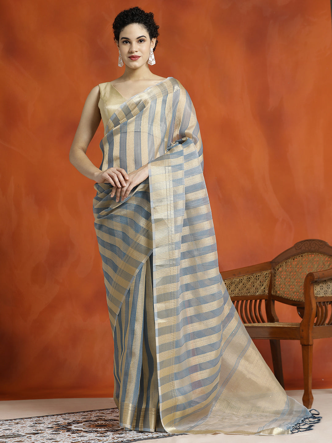 Grey Striped Embellished Banarasi Organza Saree