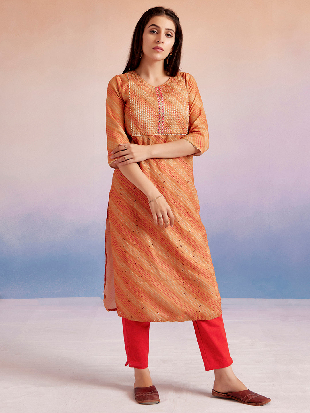 Leheriya Printed Schiffli Orange Straight Kurta