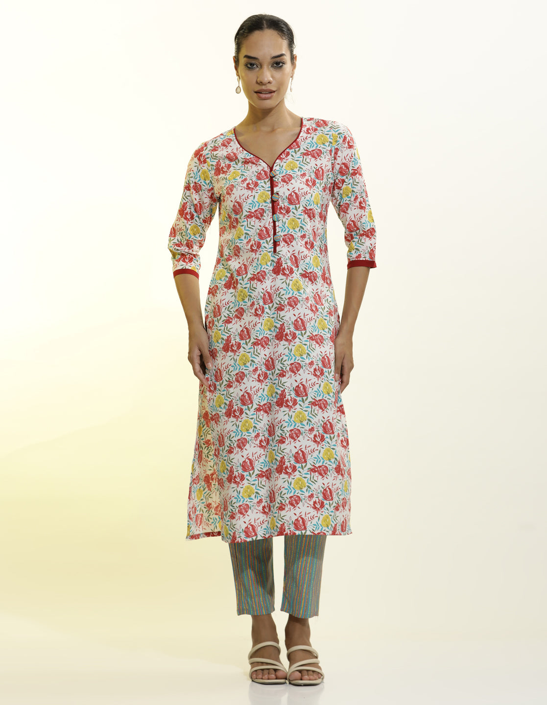 White Floral Printed Cotton Blend Kurta Set