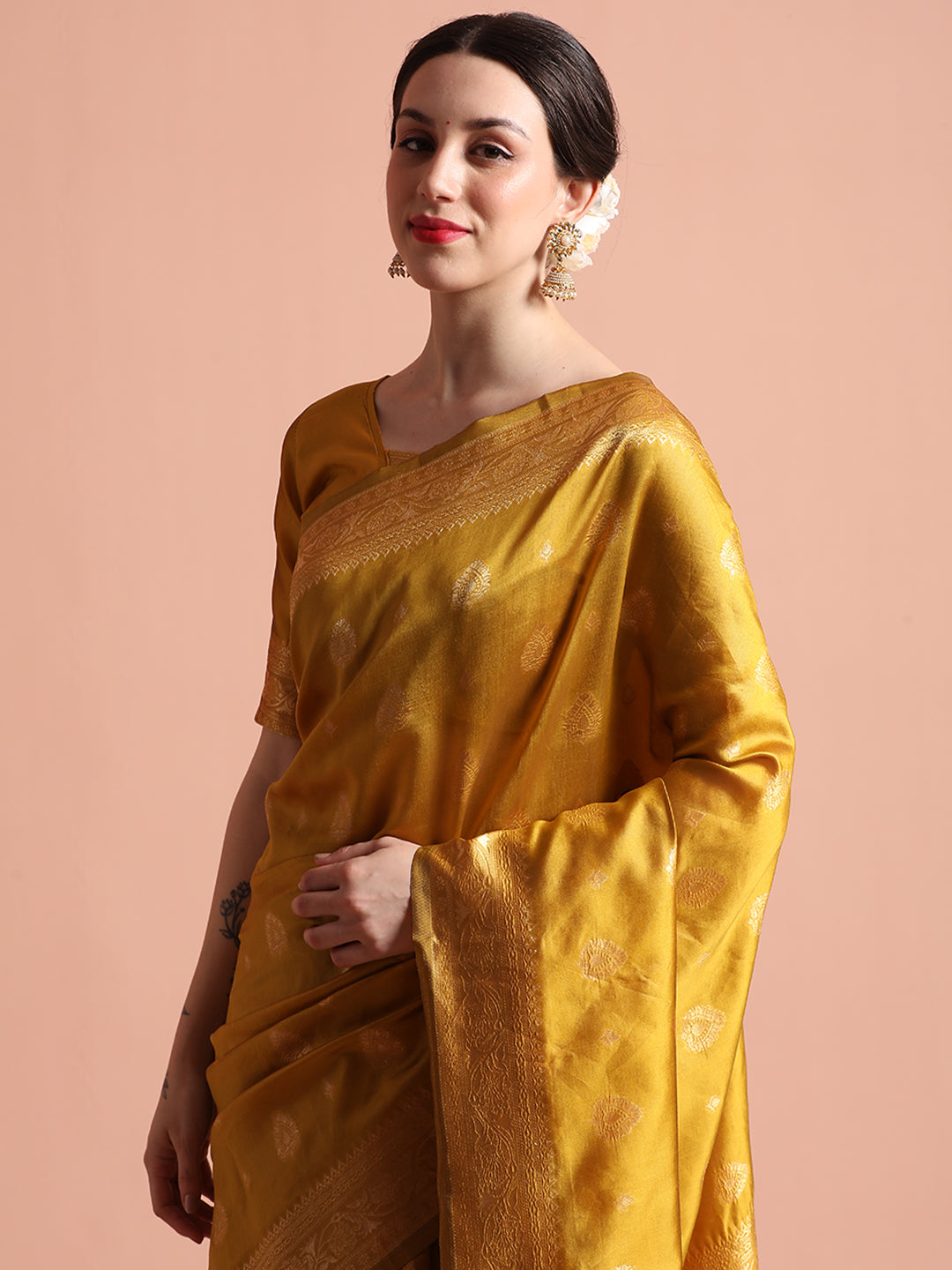 Mustard Heavy Banarasi Zari Woven Silk Blend Saree