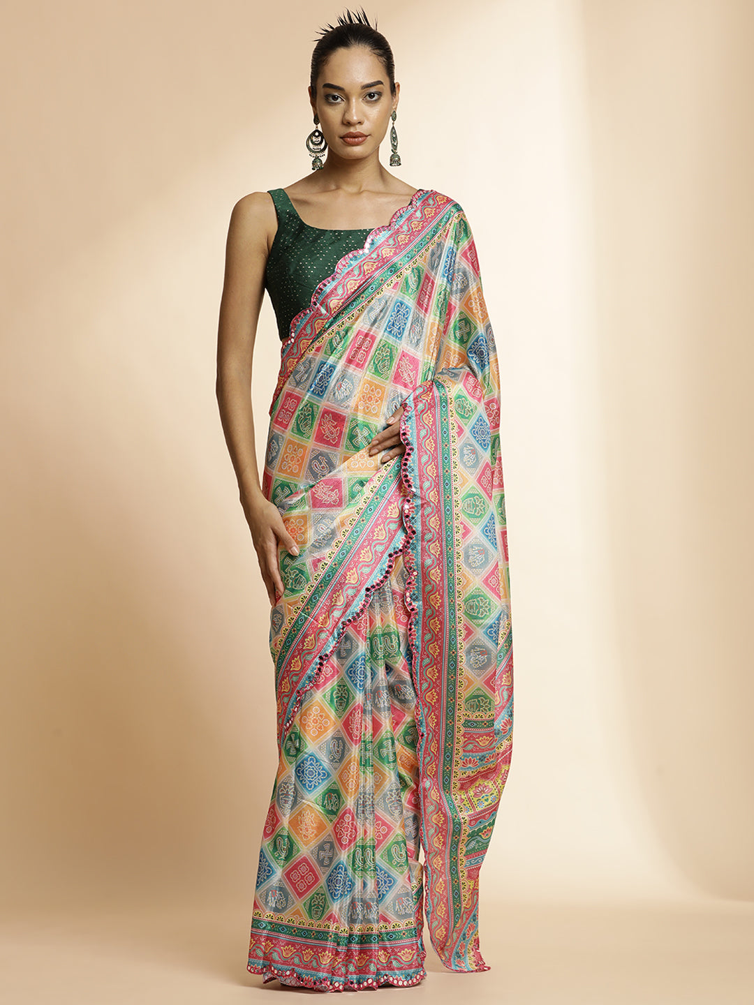 Multicolor Floral Printed Mirror Work Satin Saree