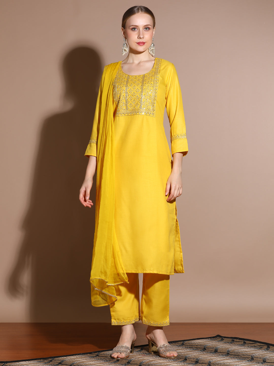 Yellow Embroidered Cotton Blend Kurta Set With Dupatta