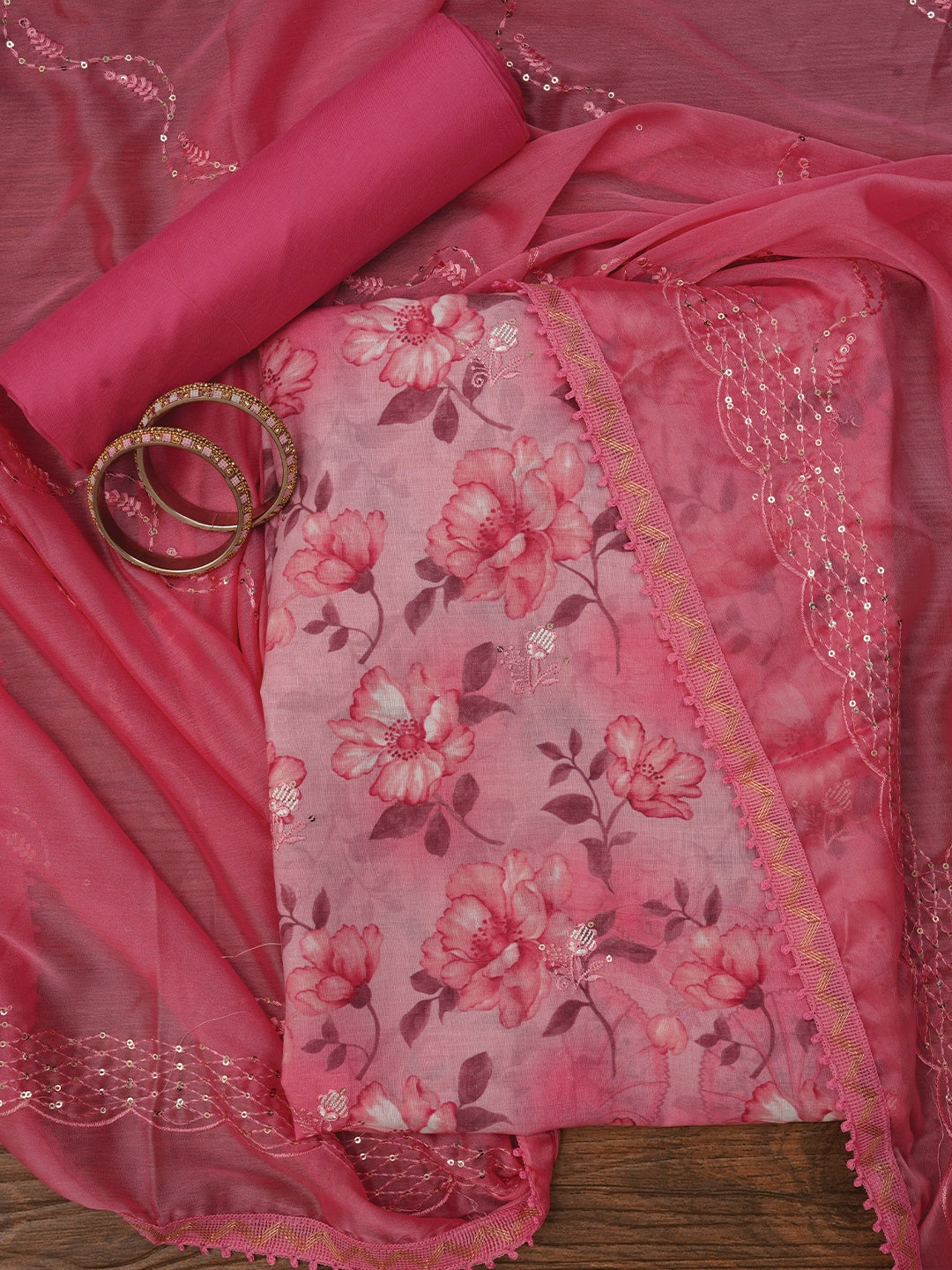 Floral Pink Printed Embellished Cotton Dress Material with Dupatta