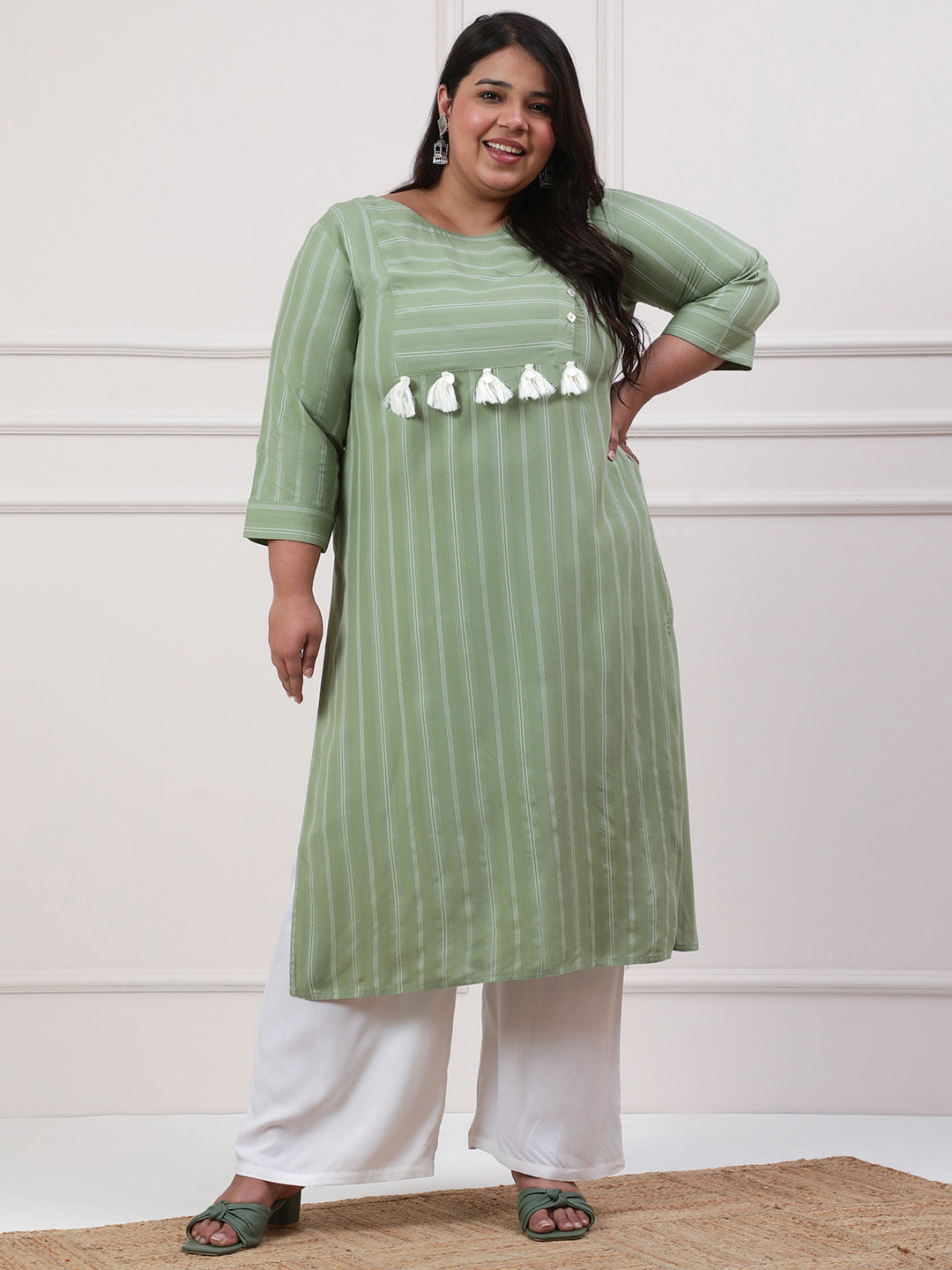 Plus Size Green Floral Printed Straight Kurta