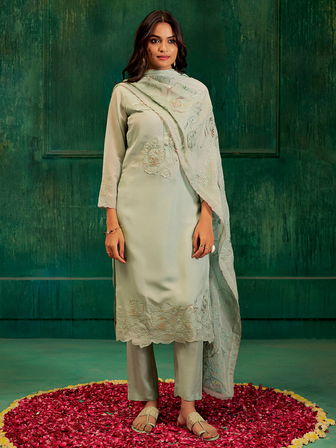 Mint Green Hand Embroidered Festive Kurta Set With Dupatta