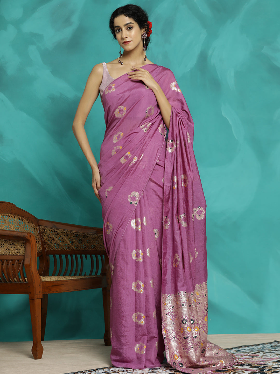 Lavender Silk Blend Party Wear Banarasi Saree