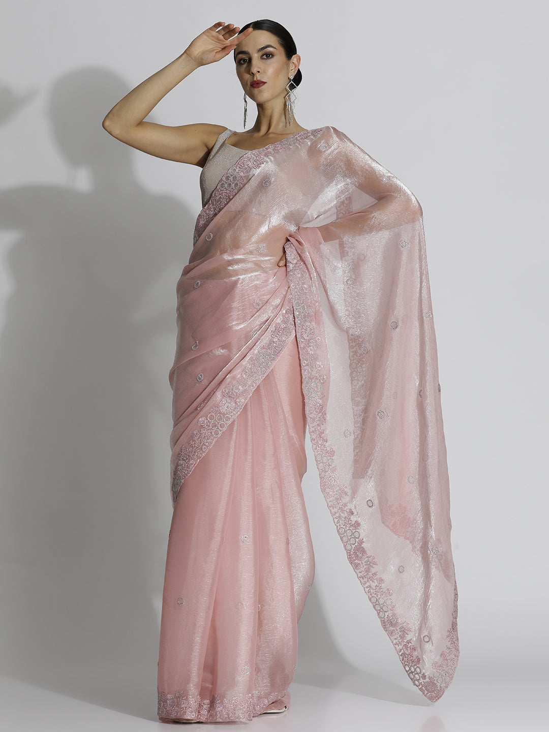 Party Wear Embroidered Tissue Pink Saree