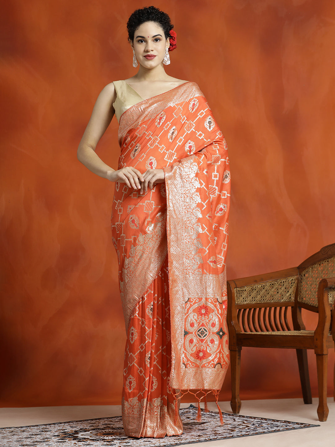 Heavy Banarasi Zari Woven Silk Blend Orange Saree