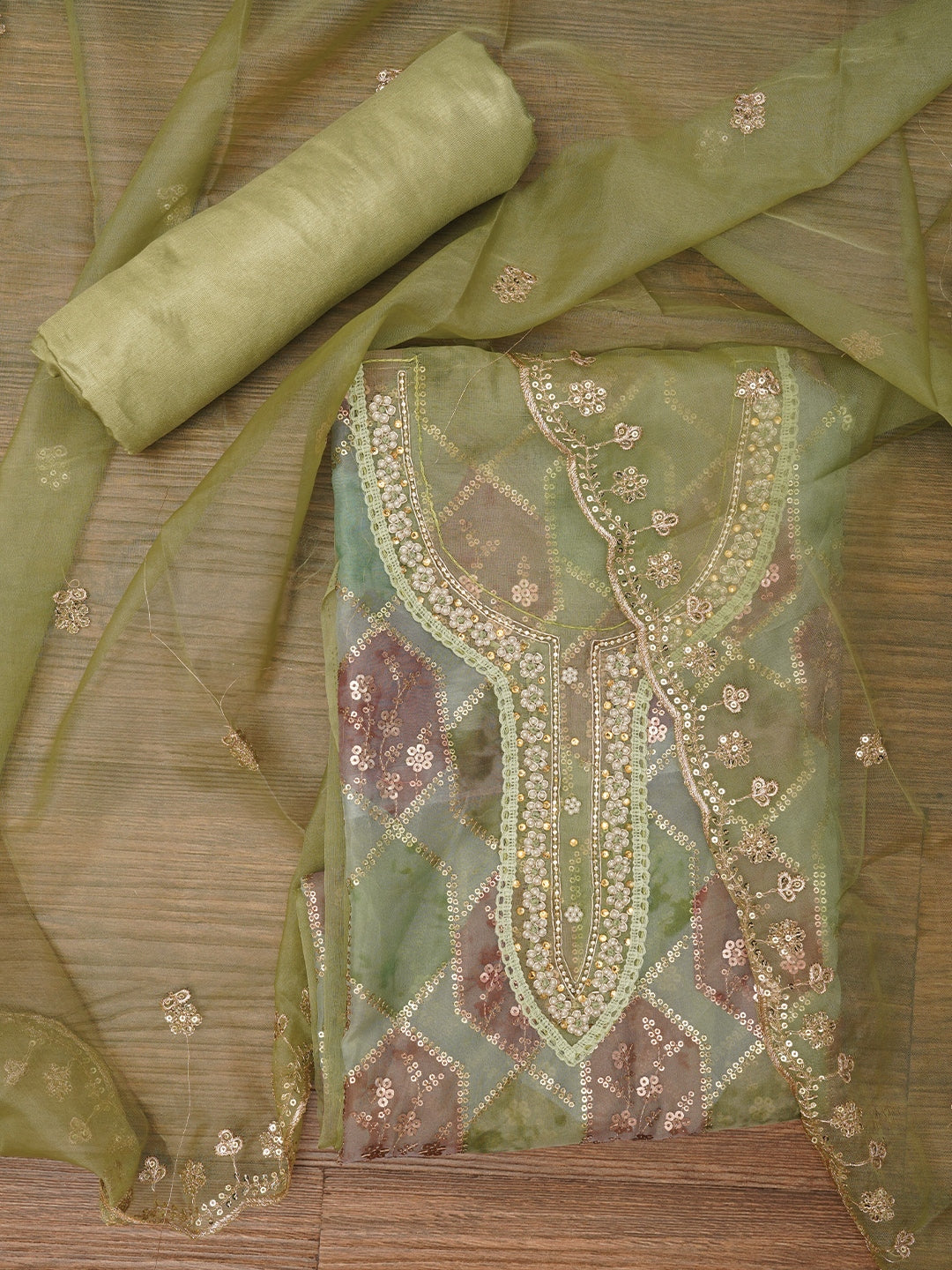 Sequin Green Embroidered Organza Dress Material with Dupatta