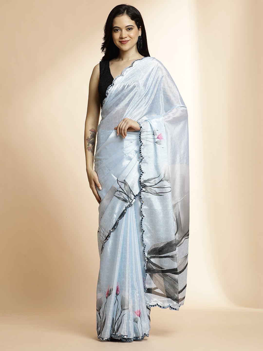 Sky Blue Tie-Dye Printed Mirror Work Satin Saree