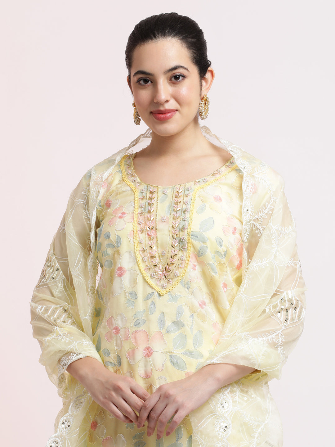 Yellow Floral Embellished Organza Festive Kurta Set With Dupatta