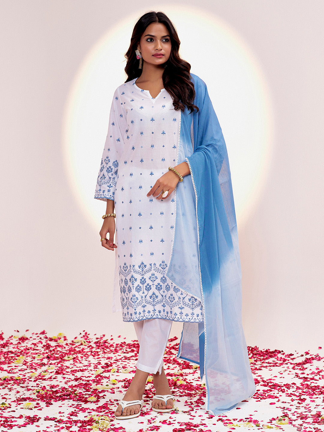 White & Blue Threadwork Embroidered Cotton Kurta Set With Dupatta