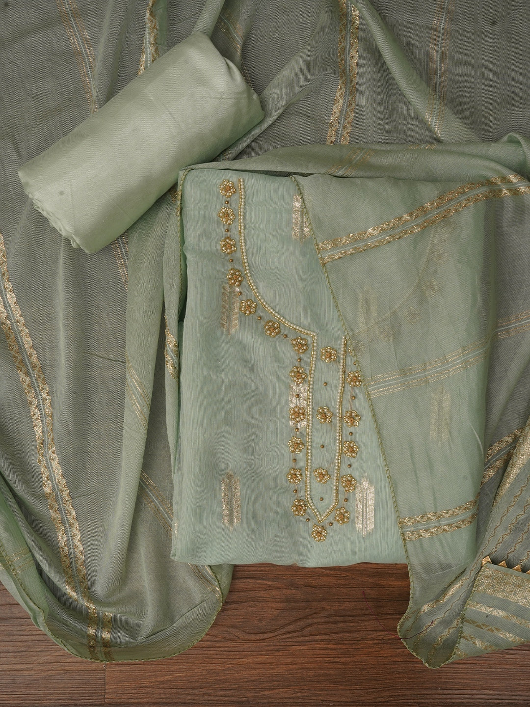 Light Green Unstitched Zari Silk Blend Dress Material With Dupatta