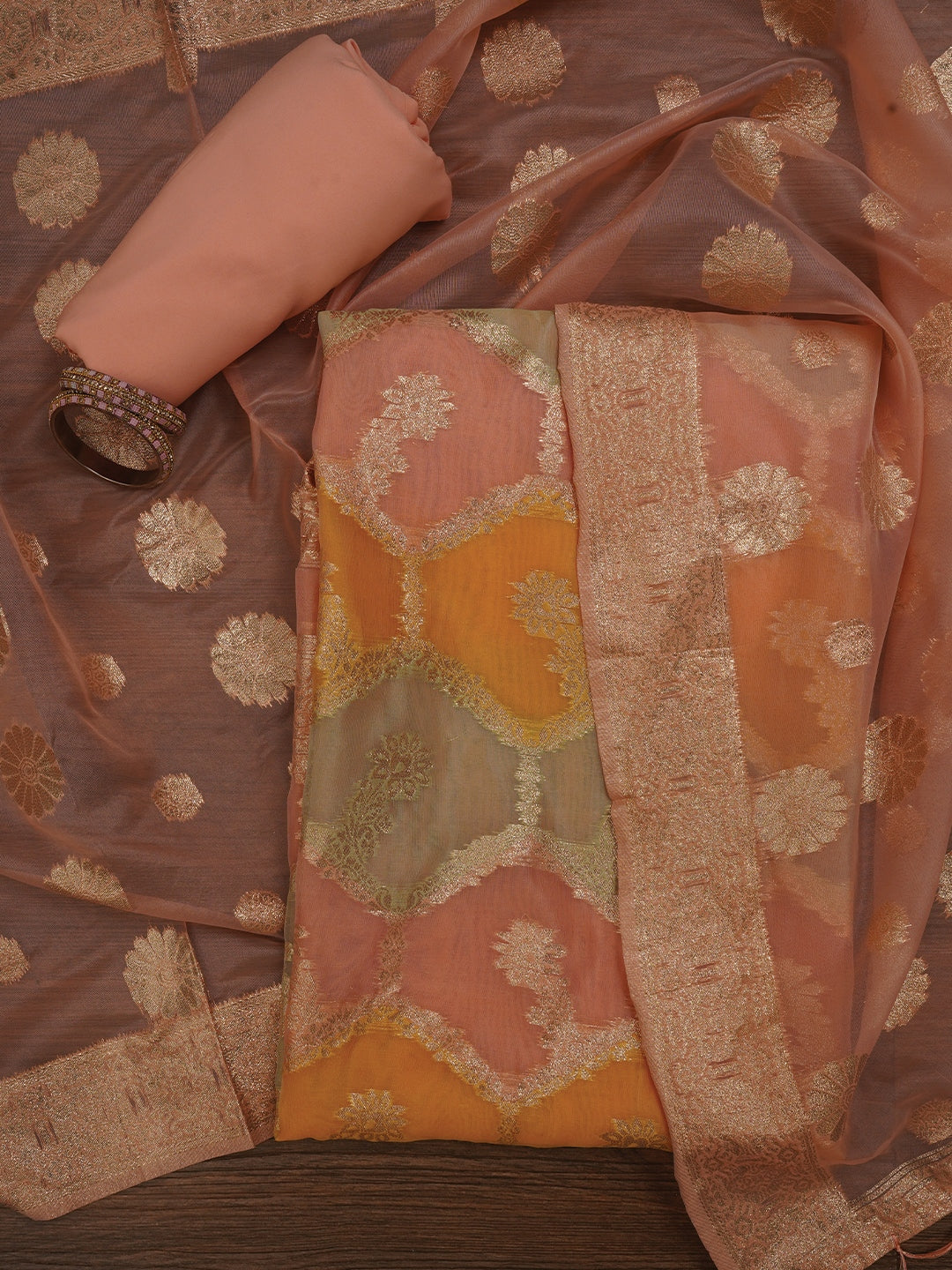 Peach Unstitched Zari Woven Organza Dress Material With Dupatta