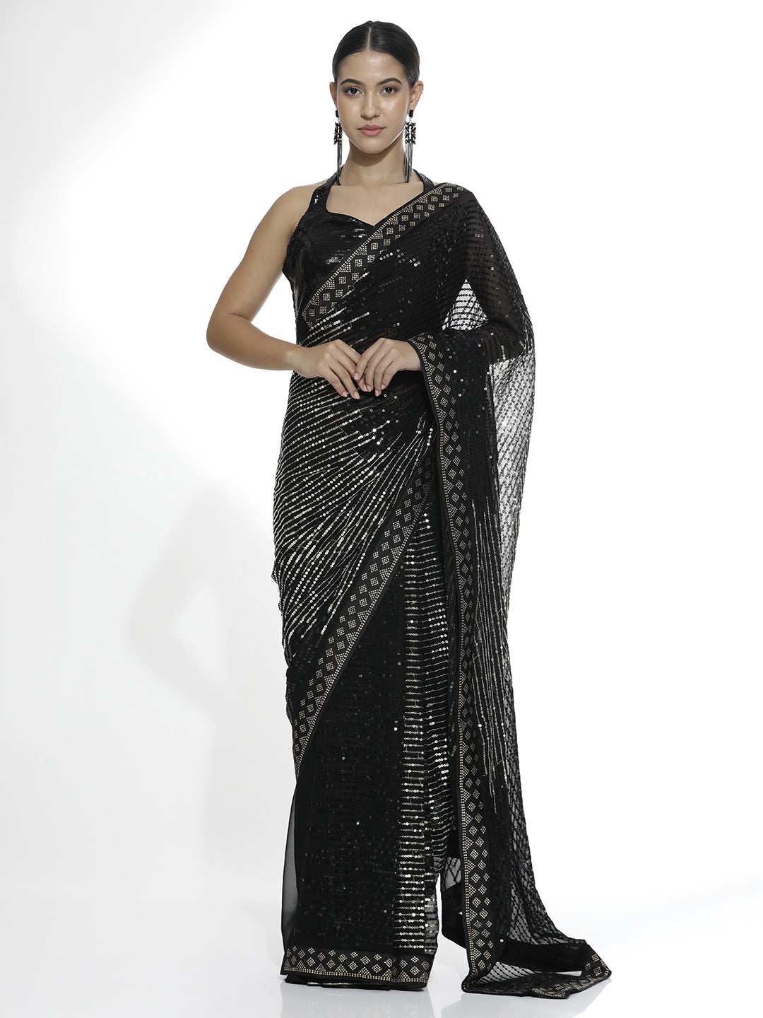 Pure Georgette Golden Sequin Party Wear Saree