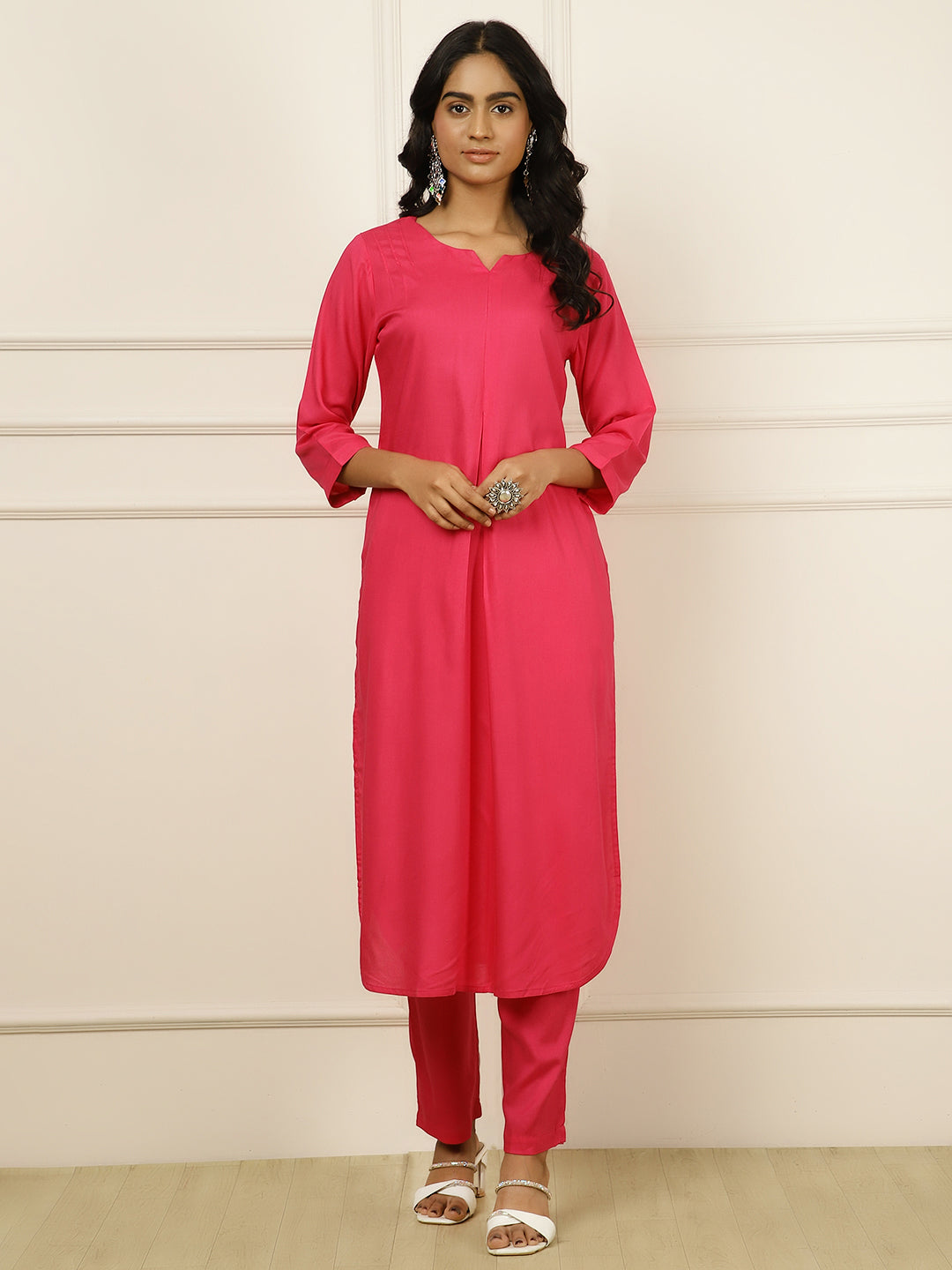 Fuchsia Pleated Straight Kurta With Pants