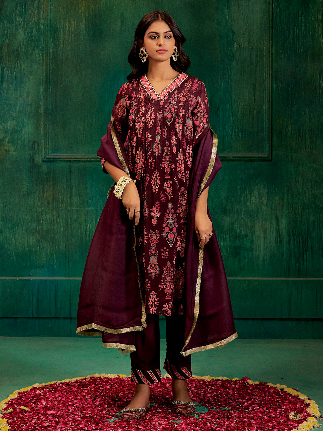 Wine Mirror Embroidered Festive Flared Kurta Set With Dupatta