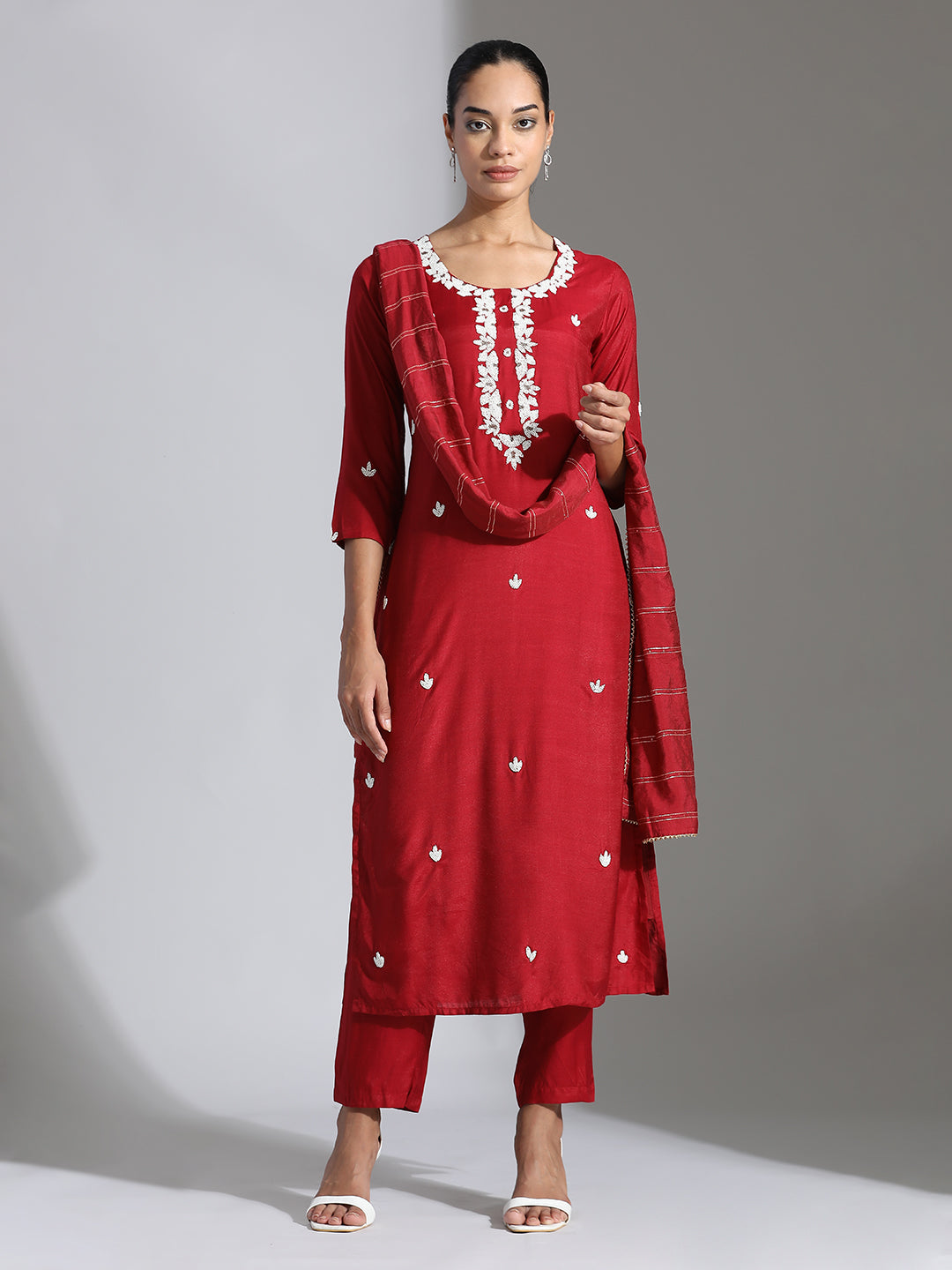 Maroon Festive Silk Beadwork Embroidered Suit Set