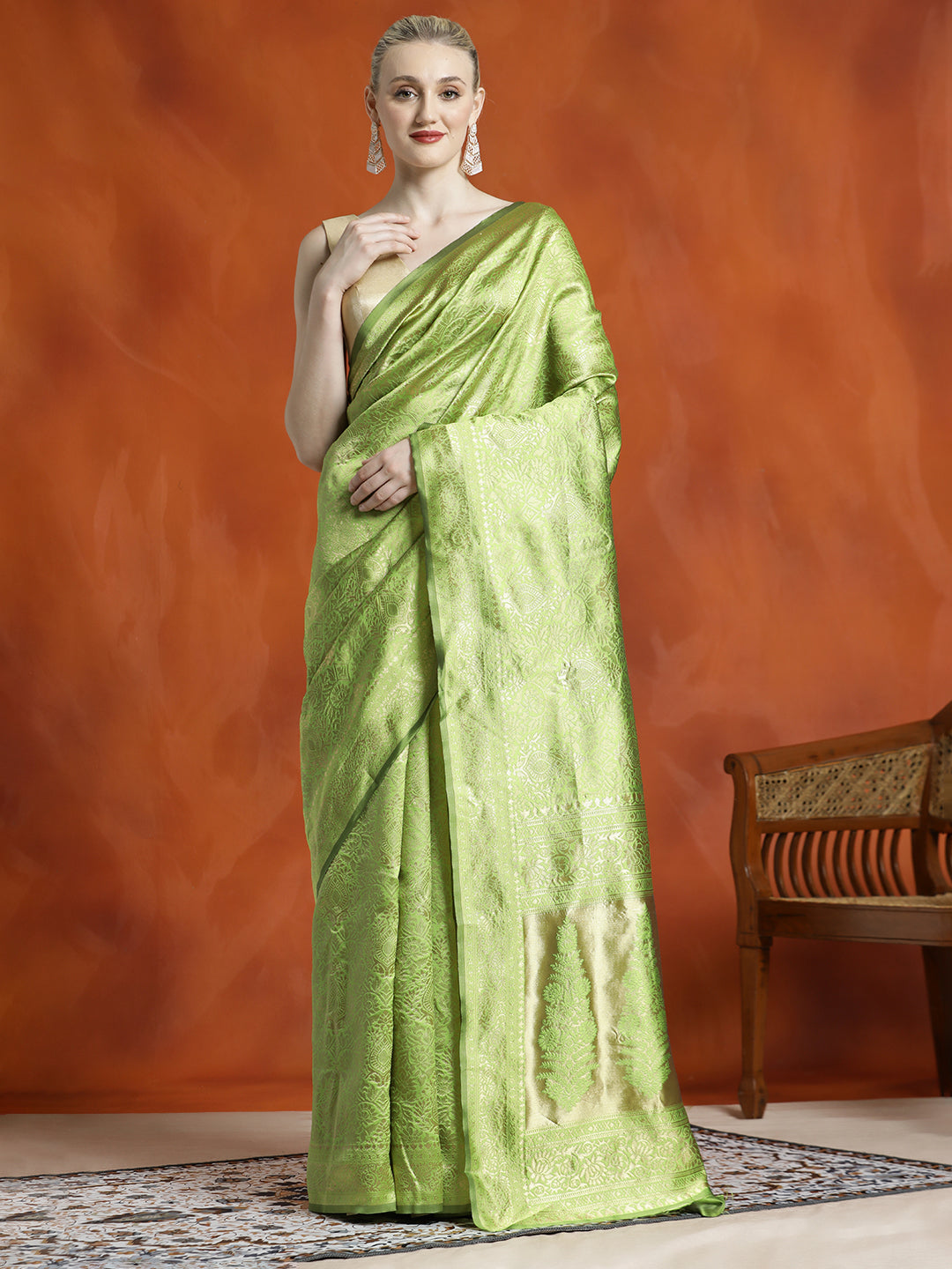 Heavy Banarasi Zari Woven Silk Blend Pista Green Saree