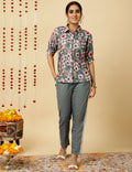 Grey Floral Print Shirt With Pants Co-ord Sets