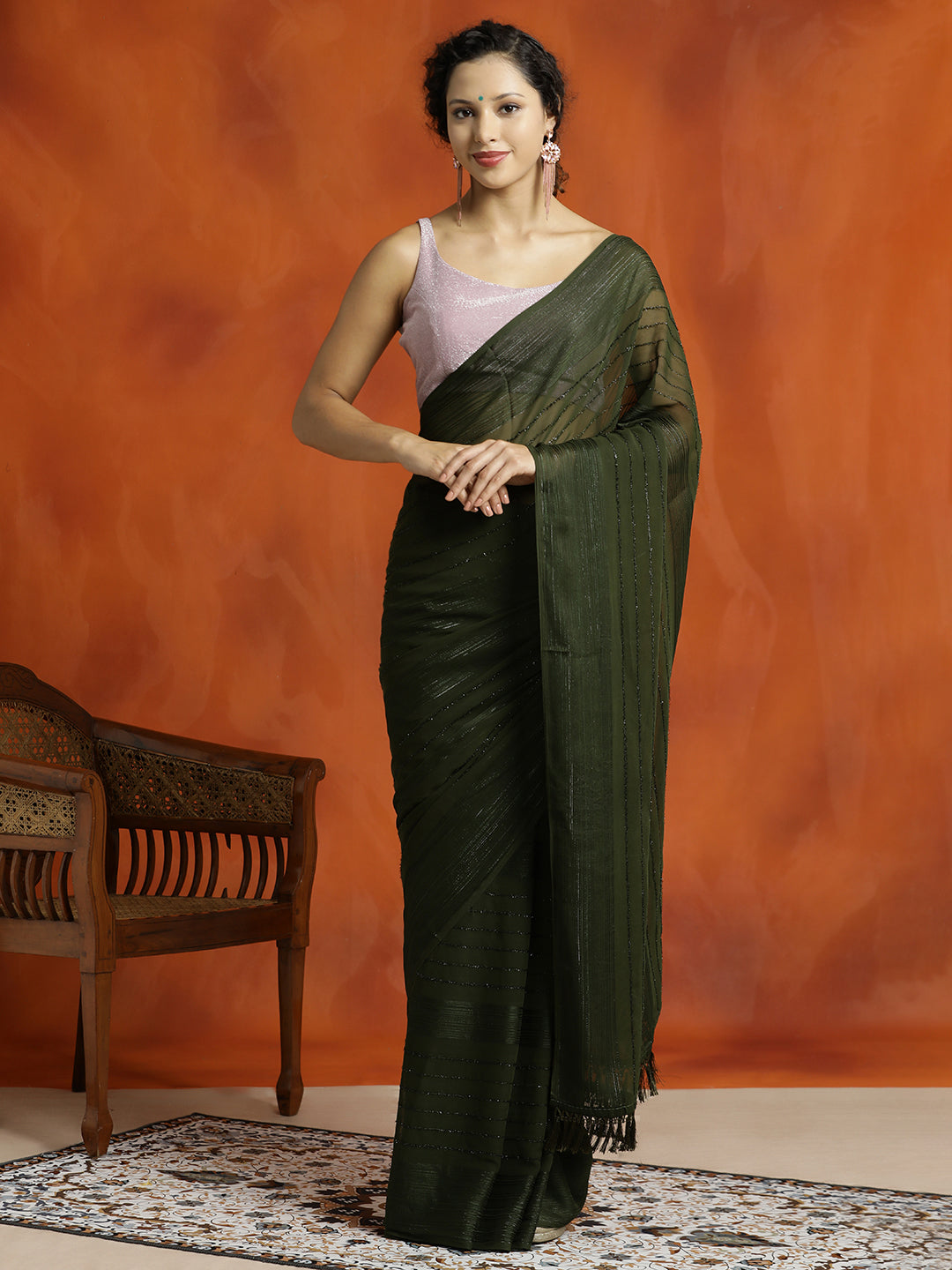 Mehandi Green Sequin Embellished Party Wear Saree